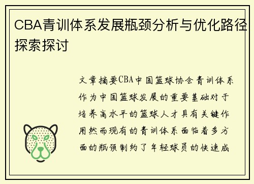 CBA青训体系发展瓶颈分析与优化路径探索探讨 CBA青训体系发展瓶颈分析与优化路径探索探讨